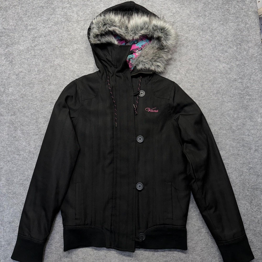 Vans Off the Wall Y2k Hooded Jacket Womens Medium Black Faux Fur Full Zip Button